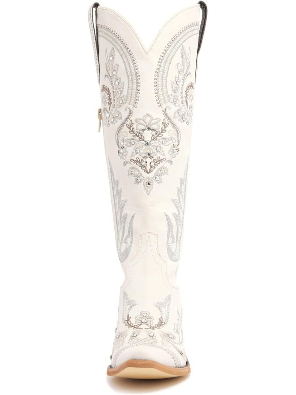 Women's Cream Embroidered Rhinestone Knee High Western Cowgirl Boots Pointed Toe - Picture 4 of 7